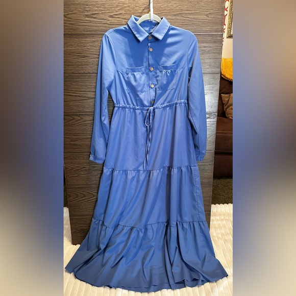 SHEIN Dresses & Skirts - SHEIN Blue Long Sleeve Tiered Maxi Shirt Dress